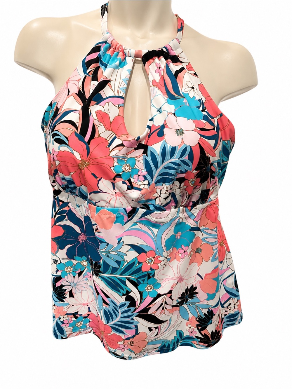 Raisins Halter Floral Swim Tank Top in Teal, Coral & Pink 20W